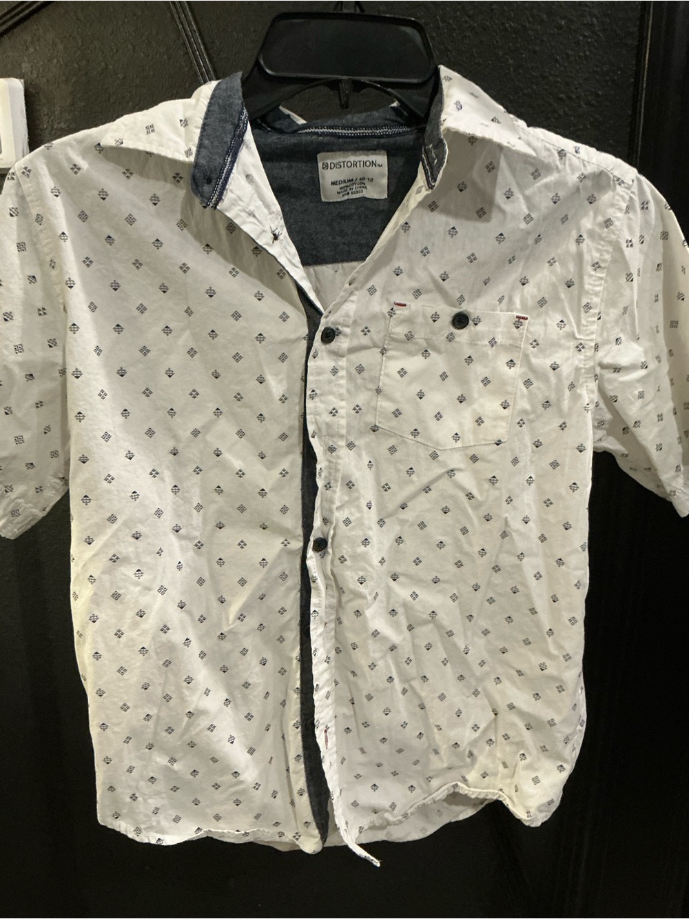 Distortion White Short-Sleeve Button-Up Shirt with Navy Dots